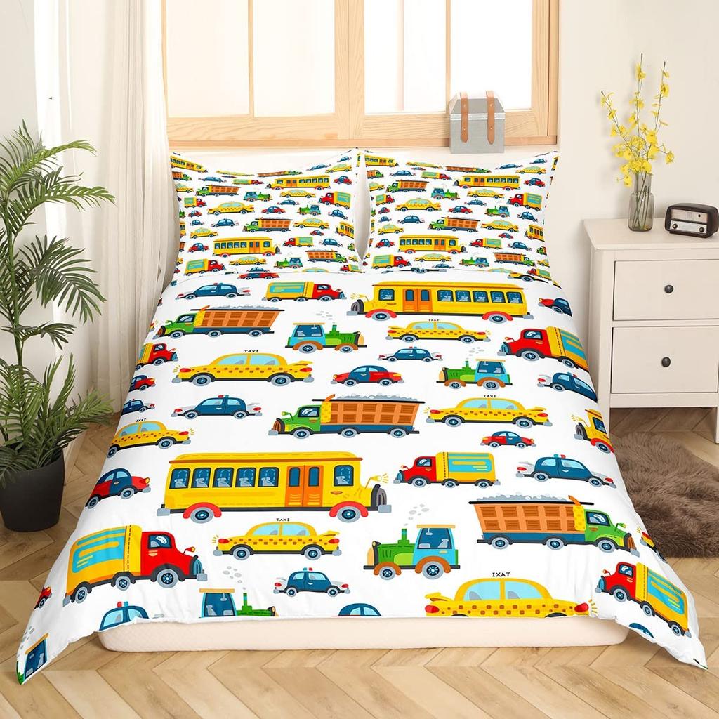 Lenjerie de pat galbenă cu taxi, rege/regină, pentru băieți, desene animate, transport, set de pat roz cu peisaj urban, husă de pilotă din poliester, husă de plapumă