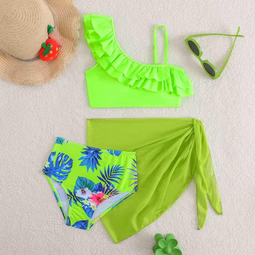 Girls Fashion High Waist Three Piece Swimsuit Set with Ruffle One Shoulder Top Printed Bottom and Sheer Wrap Skirt for Beach Pool