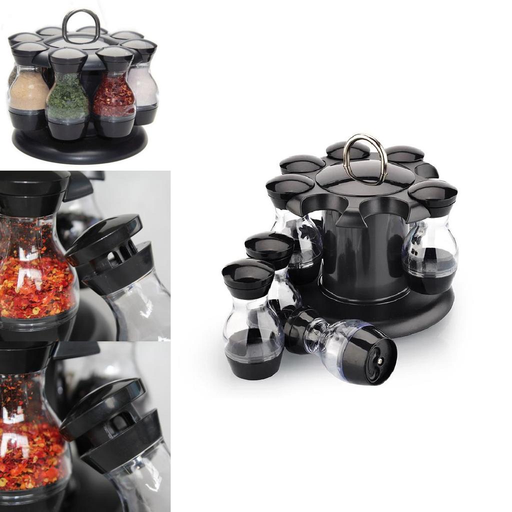 Modern Rotatable Spice Organizer With Black Material For Home Kitchen And Gourmet Cooking