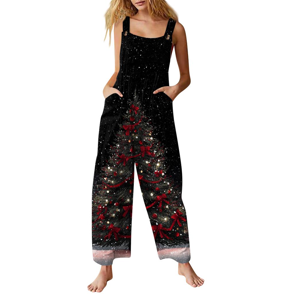 Women's Casual Jumpsuit Sleeveless Christmas Printed Cotton Jumpsuit