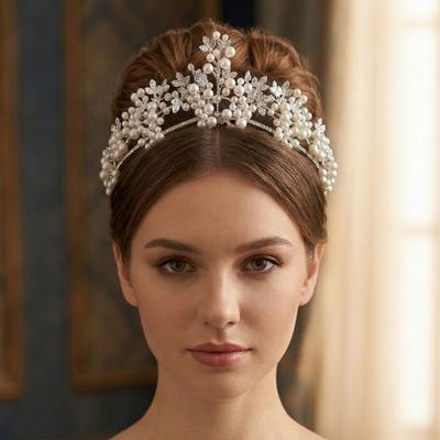 Baroque Princess Crown Silver Pearl Rhinestones Tooth Comb Headband European Light Luxury Wedding Style Headwear