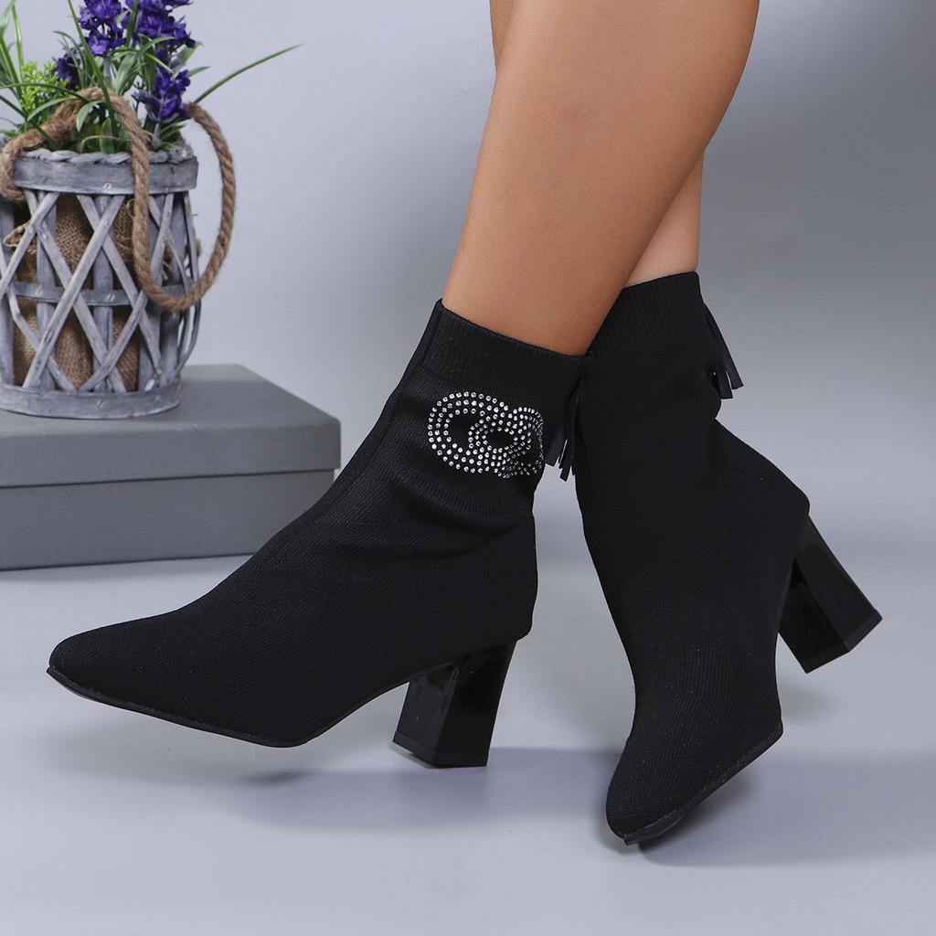 Large size pointed fashion short boots women's 2025 spring and autumn new knitted high heels women's boots thick heel thin elastic boots women