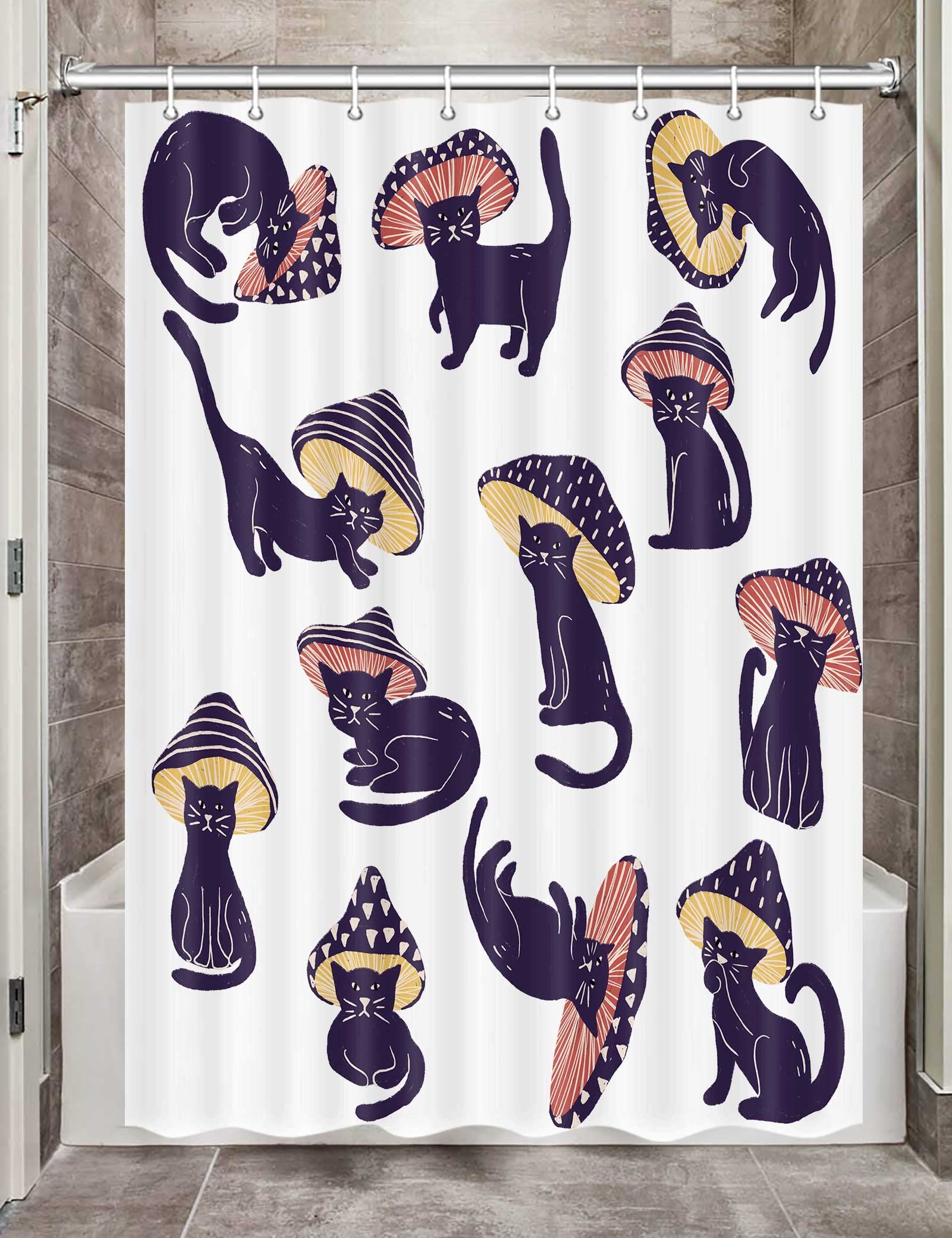 

Funny Mushroom Cat Shower Curtain Unique Hilarious Art Cute Aesthetic Kids White Restroom Decor Accessory With Hooks W60H190(CM)-1 Pcs