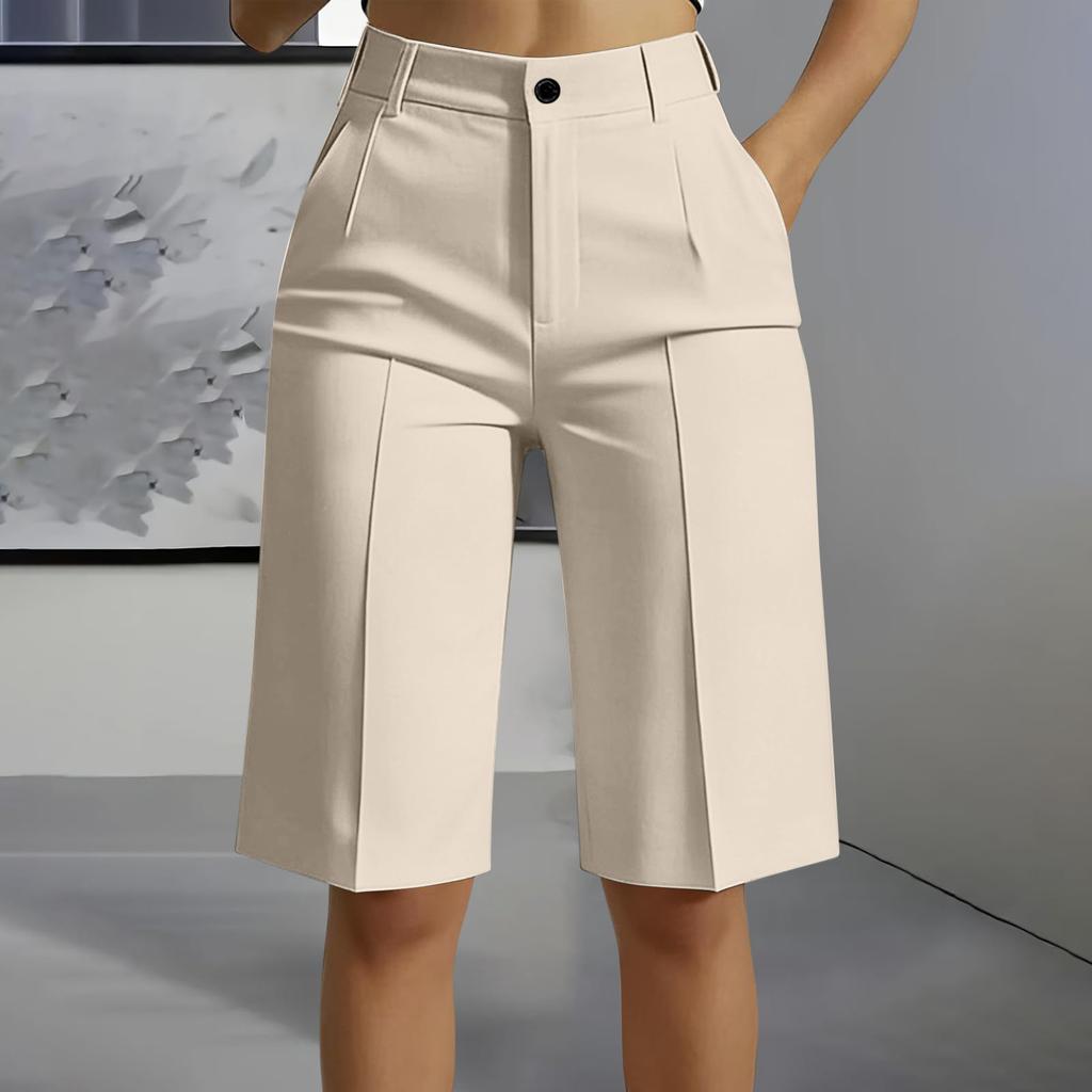 High Waist Straight Leg Bermuda Shorts for Women Casual Tailored Office Style Five Inch Length with Belt Loops and Front Pleats