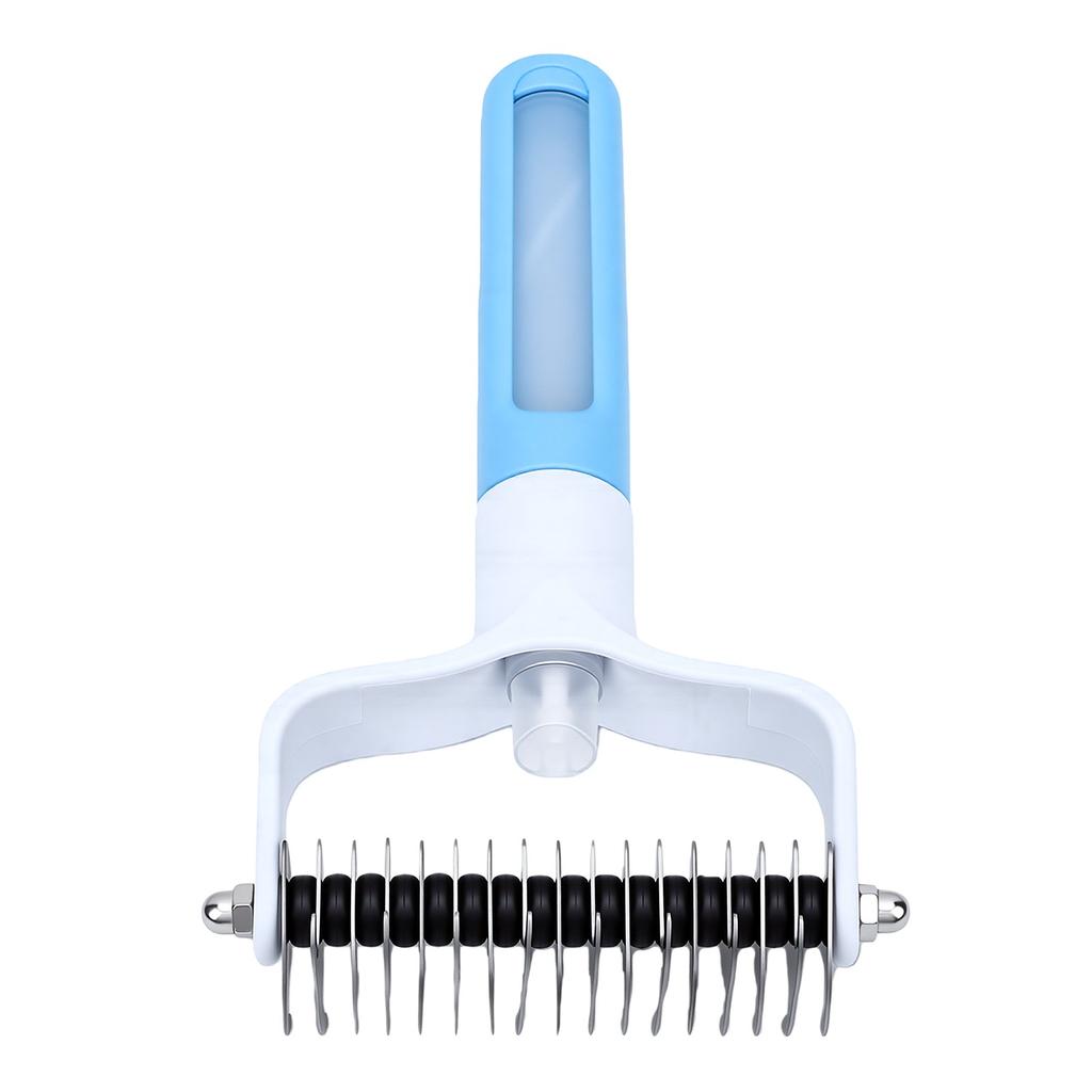 Double Sided Dematting Comb with Spray Stainless Steel Teeth Ergonomic Handle Dual Sided Pet Grooming Comb Blue