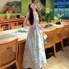 New Blue Floral Suspender V-neck Dress for Children's Summer Seaside Vacation Style Beautiful and Beautiful Long Dress