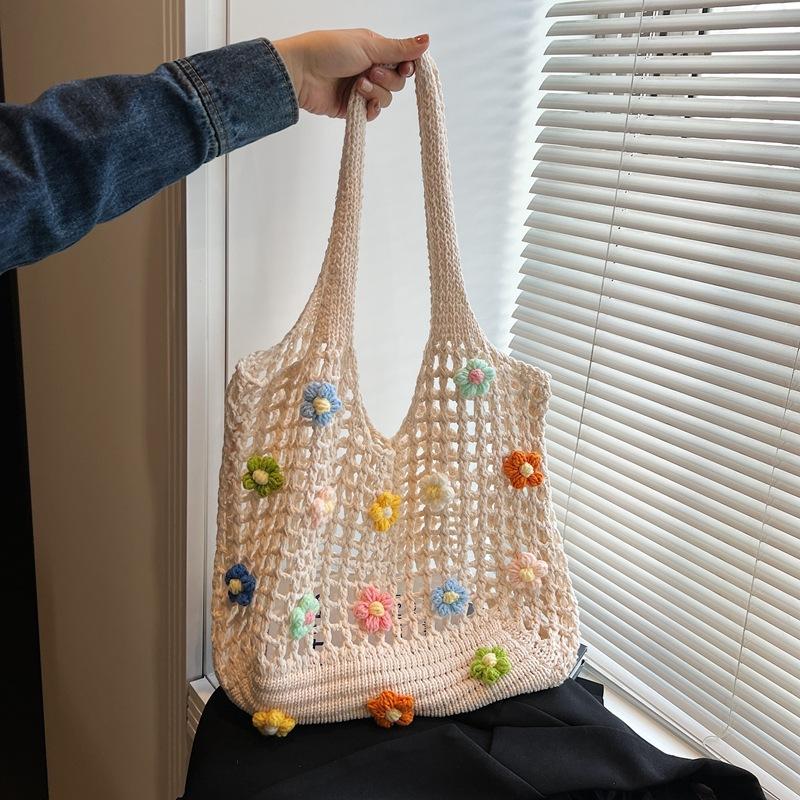 Harajuku Style Flower Hollow Knitted Shoulder Bag Large Capacity Crochet Bag Fresh Casual Beach Handbag For Women Gifts