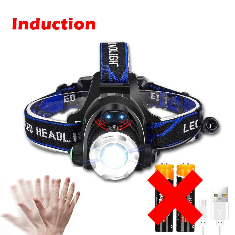 Super Brigh LED Induction Headlamp USB Rechargeable Headlight Aluminium Alloy Outdoor Waterproof Head Lamp High Lumen Head Torch