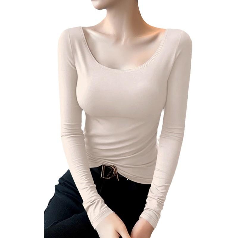 Una nueva camiseta de manga larga con cuello en U para otoño e invierno de mujer, con textura y corte entallado