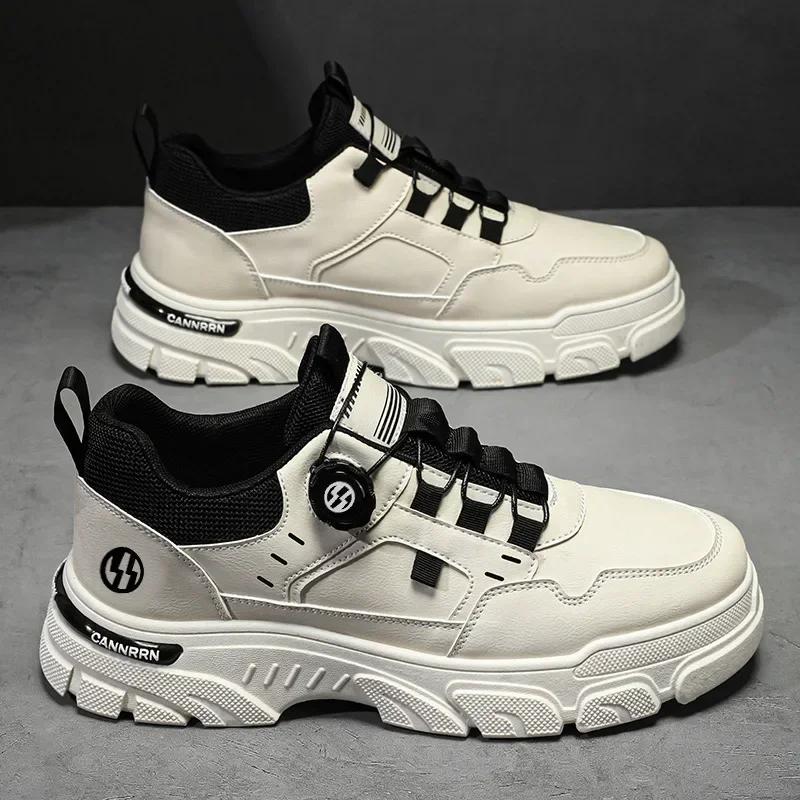 New Autumn Men Sneakers Leather Men's Shoes Outdoor Mountain Short Boots Rotating Buttons Work Shoes for Men Platform Travel