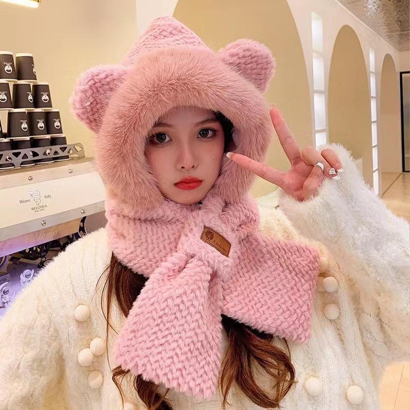 Women's Winter Plush Fox Hat & Scarf Combo - Warm, Trendy, and Versatile Hooded Design