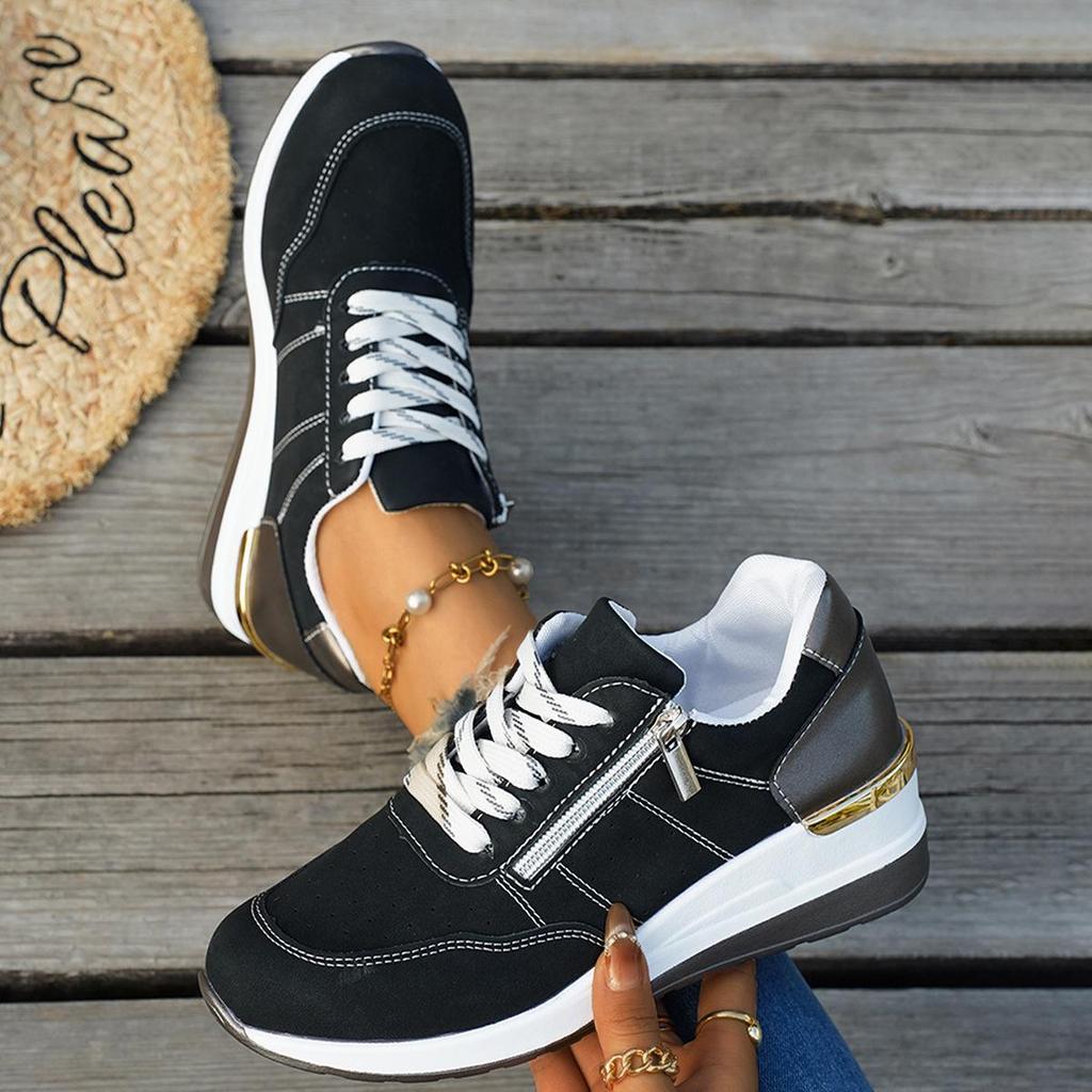European & American Wedge Heel Fashion Sneakers: Versatile, Plus-Size, Color Block, Thick Sole Casual Shoes for Women