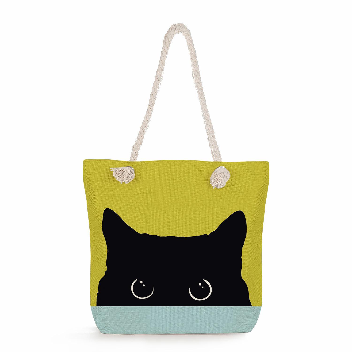 Bicolor cat print thick rope single-shoulder beach bag 7283 KTB