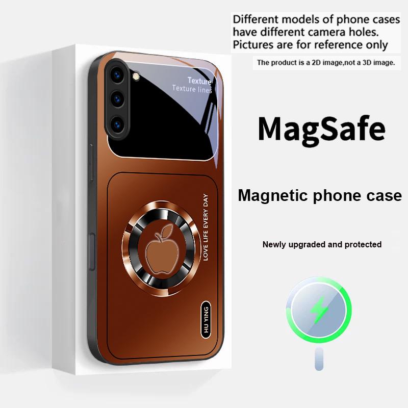 Silver circle apple icon For Samsung S25 S25 Edge S25Ultra S8 9 10 20 S21 Pro 22 Plus S23 FE S24 Ultra Magsafe Glass Phone Case