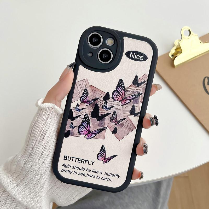 Kožené černé pouzdro silikonové flexibilní měkké pouzdro z TPU módní Rose Butterfly potisk zadní kryt mobilního telefonu pro iPhone Samsung Xiaomi