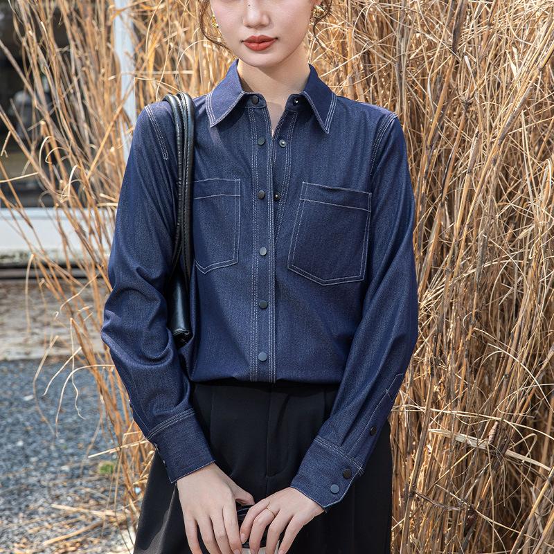 

2024 Casual Retro Denim Shirt: Loose Fit, Polo Collar, Long Sleeve, Hong Kong Style L темно-синий
