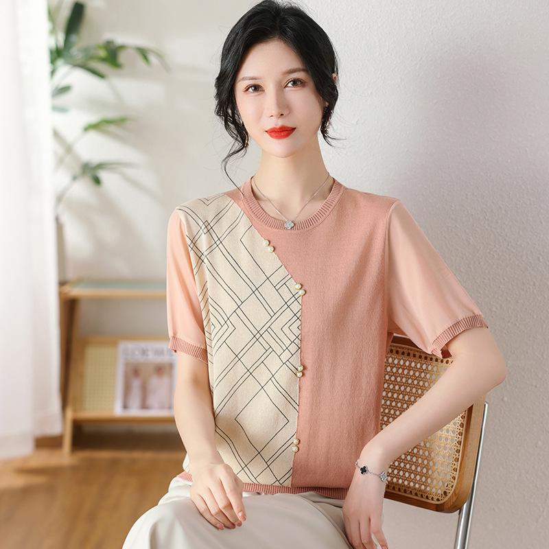 

Chic Ice Silk Summer T-shirt for Middle-Aged Women - Short-Sleeved Mother s Day Top XL (100-110 jin) рожевий/помаранчевий