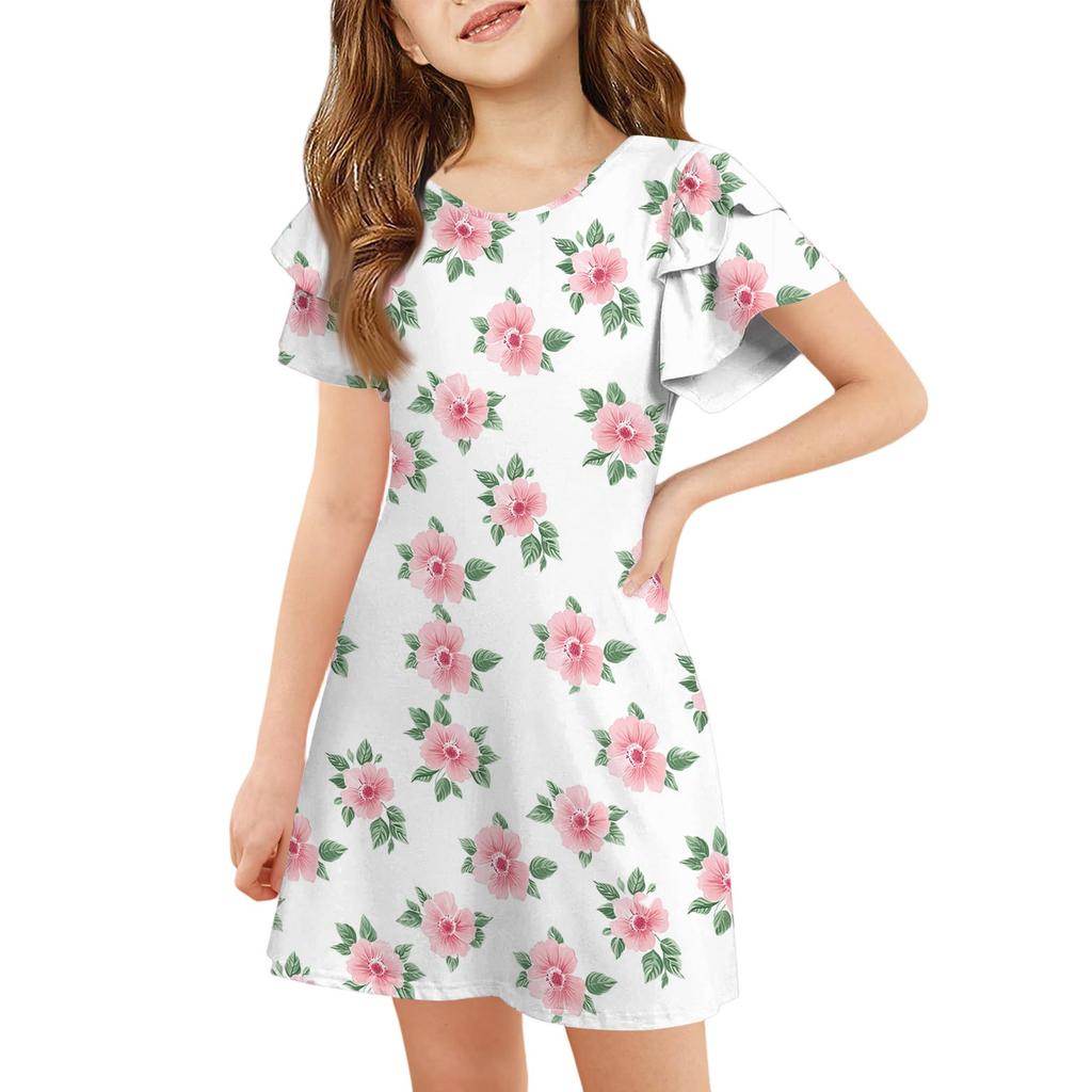 Girls' Ruffle Sleeve Dress - Round Neck Printed Sundress