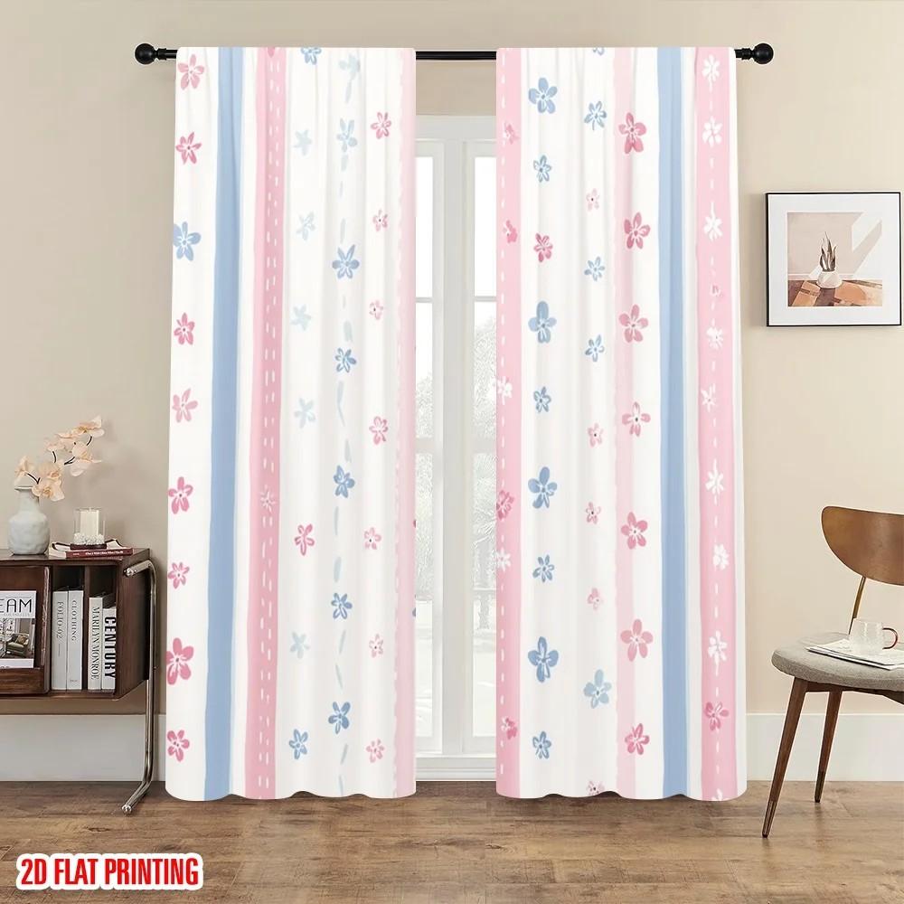 

2pcs Floral Fresh Curtains Striped Design Polyester Living Room Rod Pocket Home Decor. 100*130 Rod Pocket 1pcs