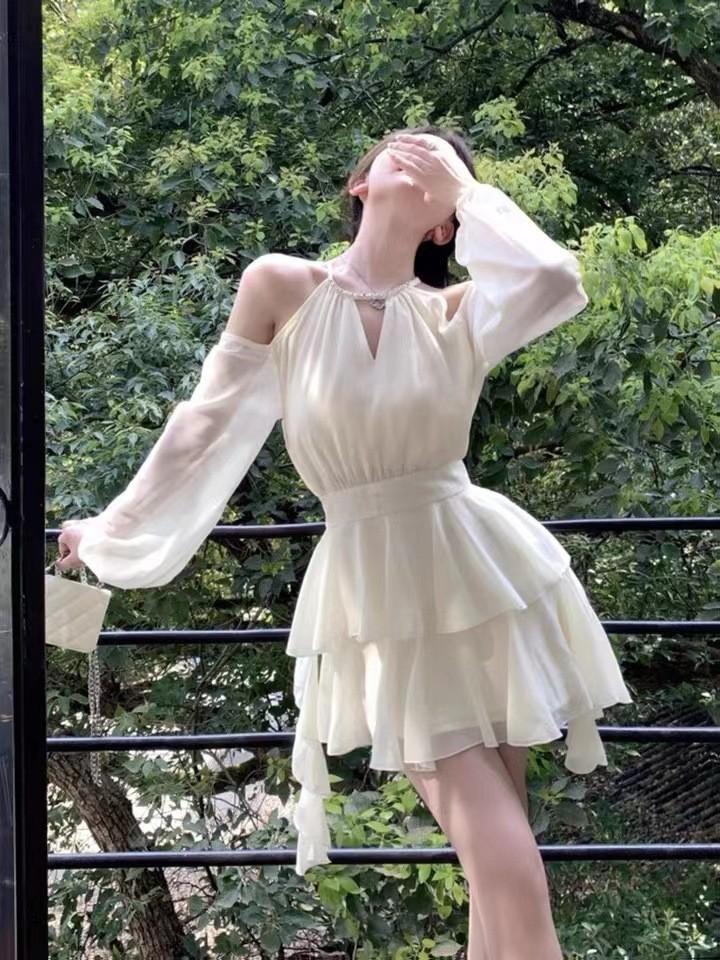 French temperament sexy off-the-shoulder neck ruffle edge waist chiffon dress women's summer new skirt