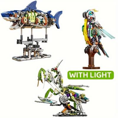 Creative Mechanical Sharks, Parrots and Mantises Building Block Marine Life Model Kit with Lights for teens,Christmas or Birthday Gift for Little Ones