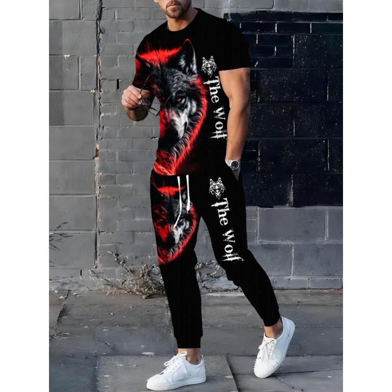 Men's 3D printed animal wolf head pattern short-sleeved round neck T-shirt summer clothing set