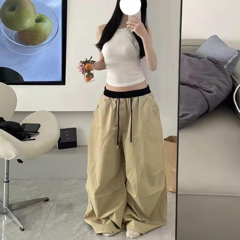 American Vintage Washed High Waist Wide Leg Loose Casual Cargo Pants For Women