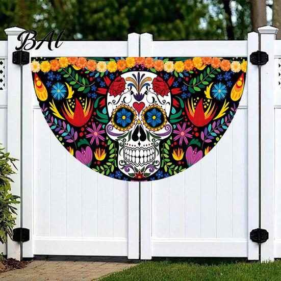 Sugar Skull Fan Flag Day of The Dead Bunting Banner, Marigold Print Fiesta Mexican Festival Home Ornament Hanging Flag, Colorful Outdoor Yard