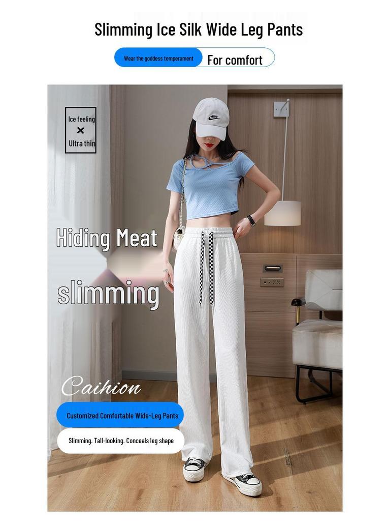 Petite Checkered Ice Silk Wide Leg Pants - Summer Elastic Waist, Slimming, Loose Casual Fit for Women