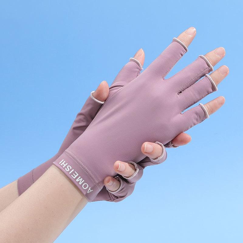 Summer Women'S Ice Silk Thin Gloves Fingerless Half-Finger Uv Protection Sunscreen Female Gloves Nail Gloves Riding Driving