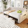 Polsterbett Schlafcouch 90*190 cm, Breitere und Dickere Armlehnen mit USB-Ladeanschluss, Mit Aufbewahrungstaschen, Mit Aufbewahrungsschublade, Samtstoff, Beige