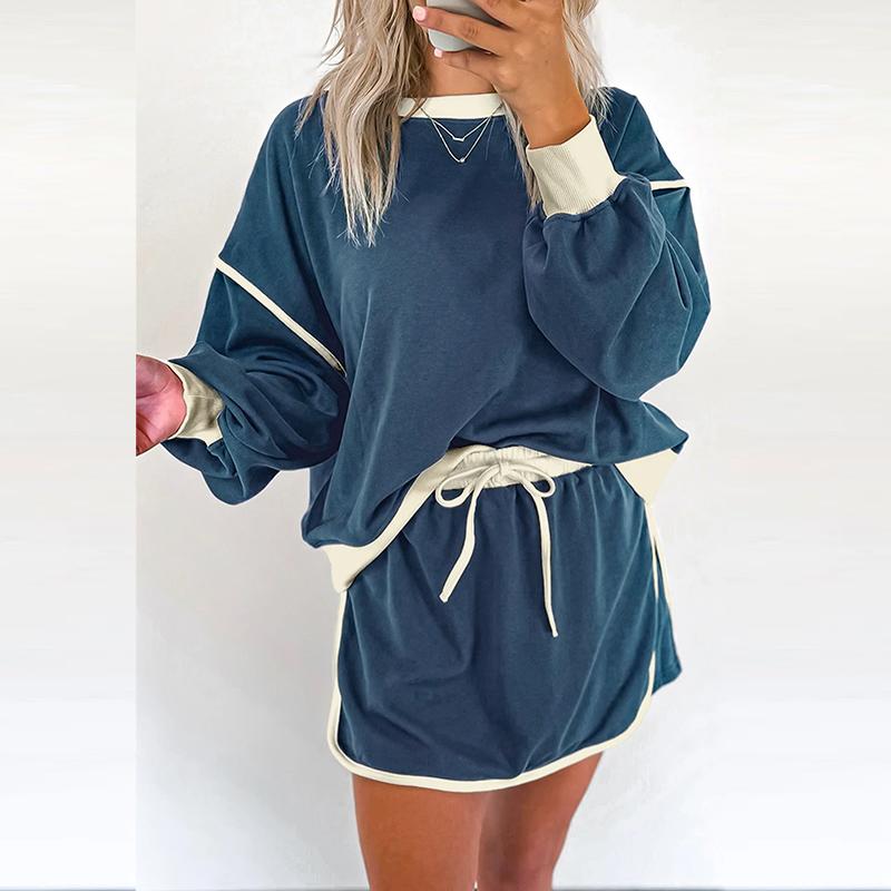 

ZANZEA Женский винтажный контрастный цвет круглый вырез длинный рукав толстовка шорты спортивные комплекты 5XL синий