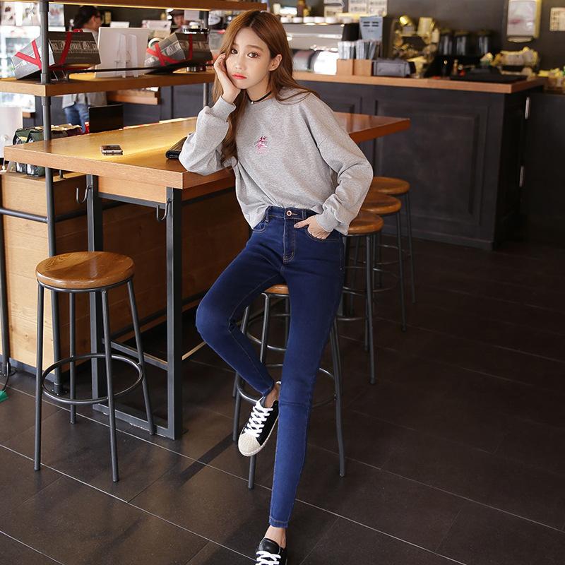 New Autumn and Winter Large Size High Waist Sky Blue Solid Color Jeans Women's Trousers Elastic Trousers Women's
