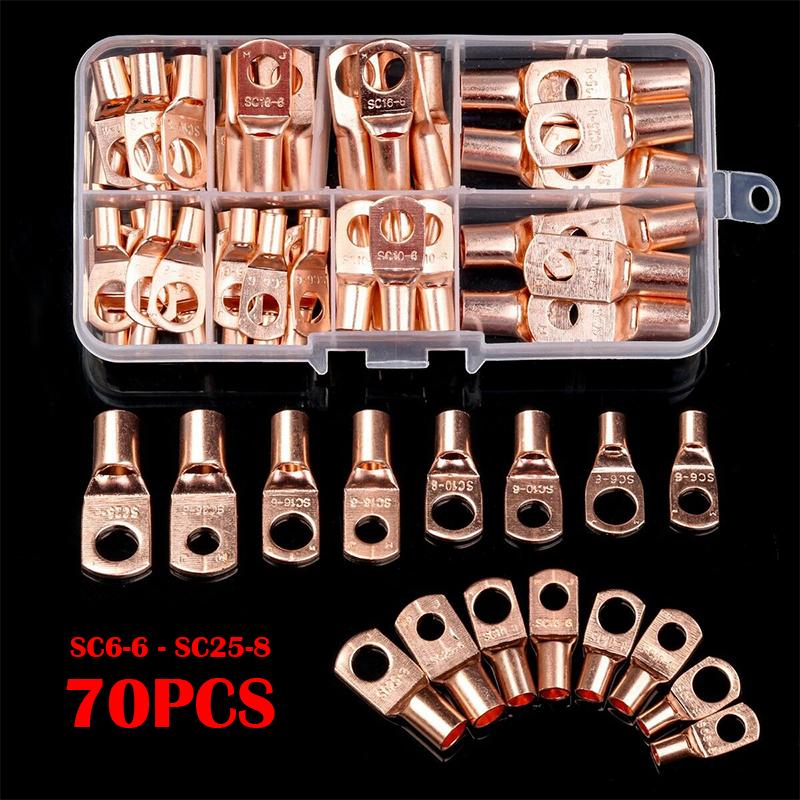 

70/240PCS Ring Terminal Cable Shoes Lugs 35mm2 Tinned Copper Lug Wire Eye Connectors Bare 60 Terminals Lugs Wire Copper Kit