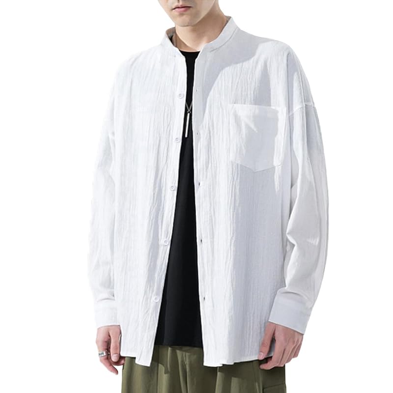

[EASTEMPO] shirt men s spring long sleeve cotton linen casual business Relaxing Fashionable Plain color big size (JP, alphabet, L, white)