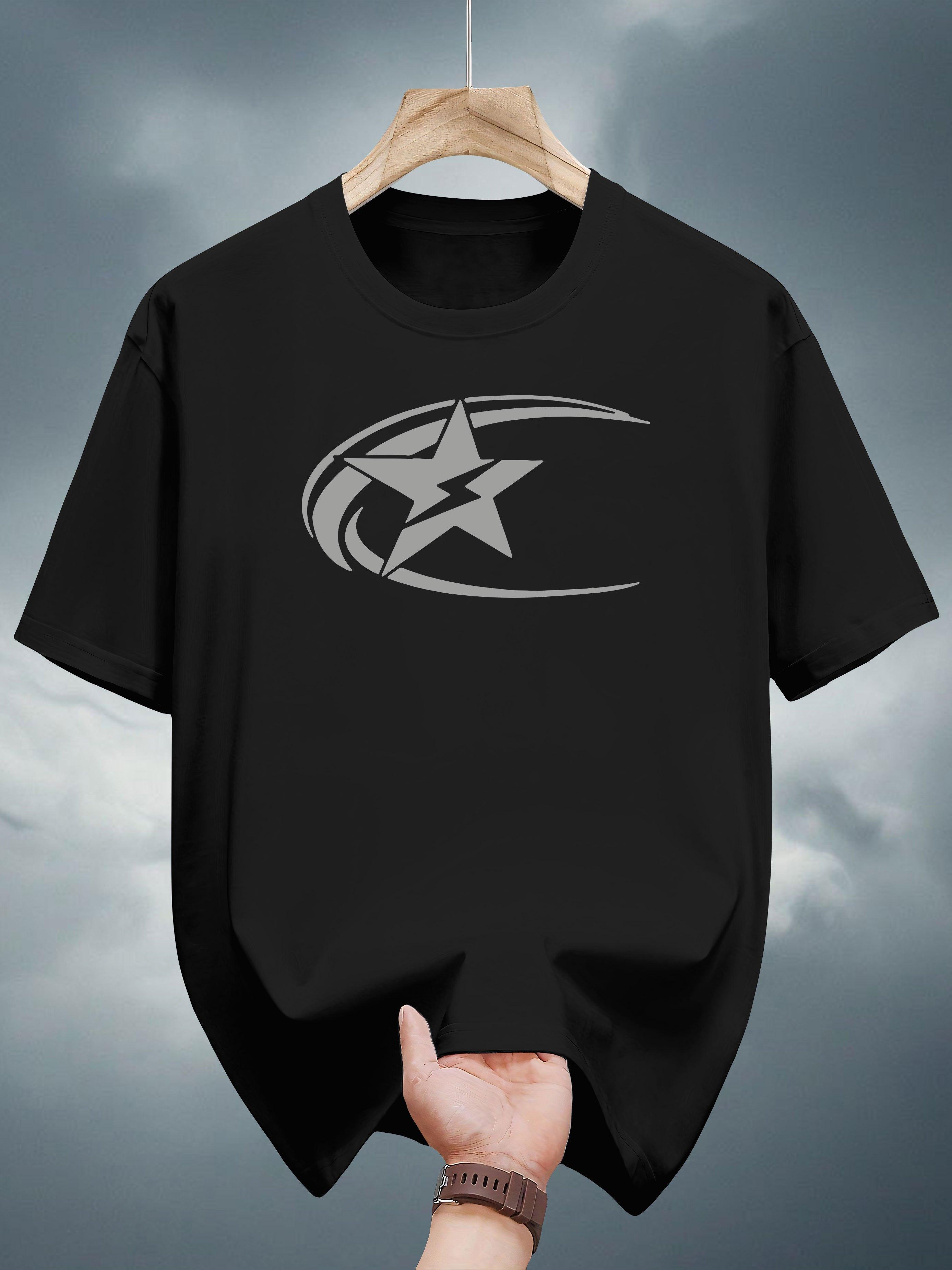 T-shirt with Lightning Bolt & Star Print - Black Casual Summer Tee XXL