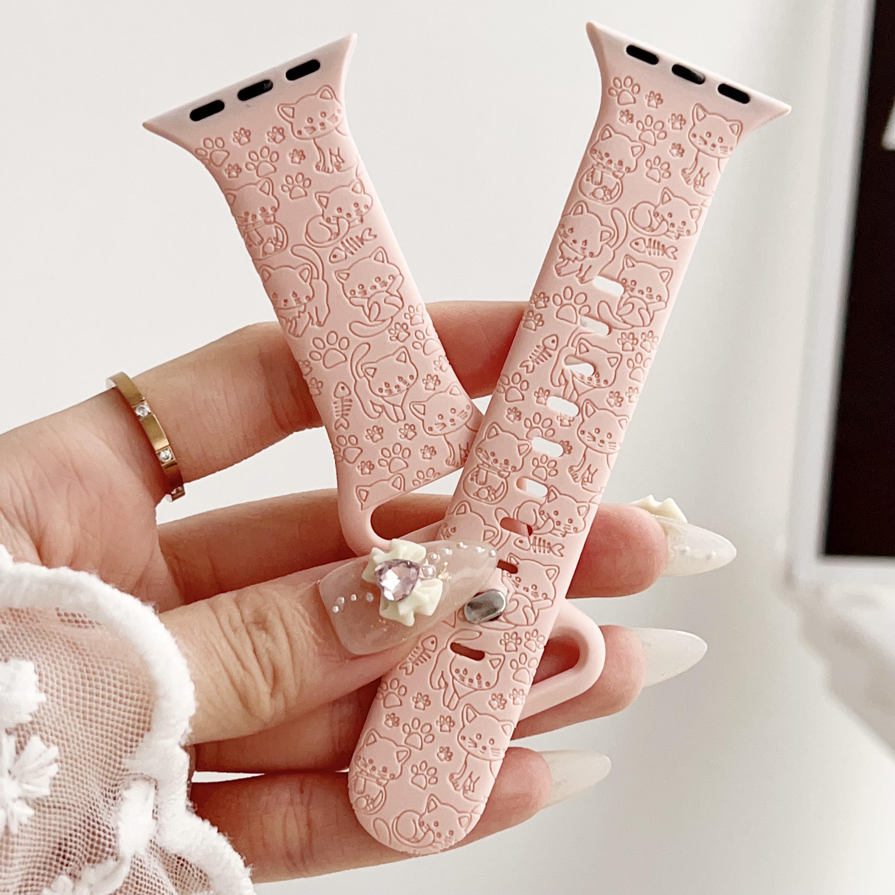 

Подходит для яблока, милого кота, собаки, дыни, резьбы, силиконовый ремешок для часов Apple Watch8/SE/7/65 38/40/41mm розовый