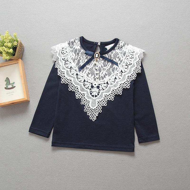 Girls' Spring & Autumn Korean Style Lace Beaded T-Shirt Top