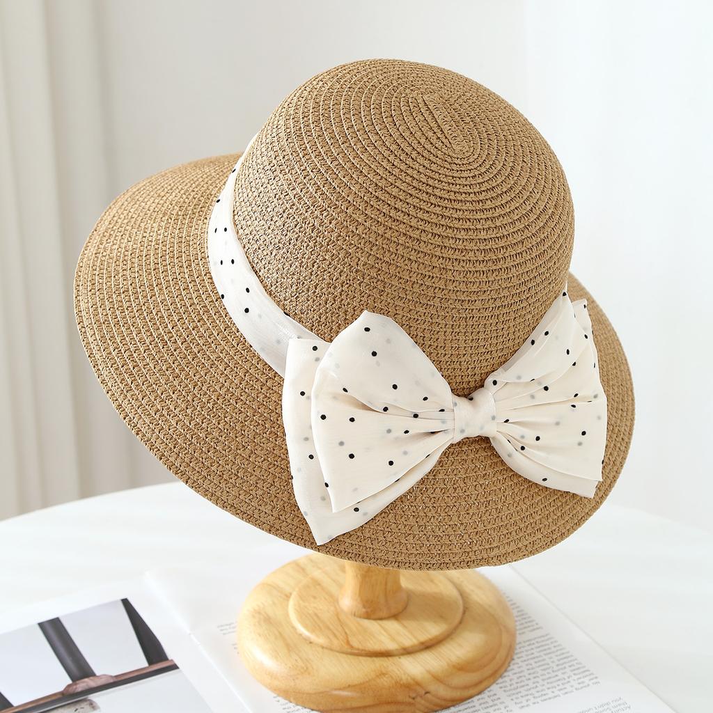Sunscreen straw hat seaside beach hat, Japanese and Korean polka dot bow straw hat sun hat big brim bucket hat women