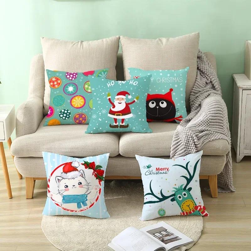 Polyester Fiber Green Series Christmas 2024 Pillow Cover Sofa Cushion Home Decorative Pillows Cover