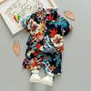 Children's Summer Full Print Leaf Flower Standing Neck Shirt Short Sleeve Set