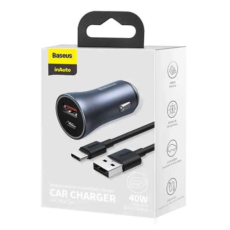 Ładowarka Samochodowa Baseus Golden Contactor Pro, Usb + Usb-C, Qc4.0+, Pd, Scp, 40W (Szara) + Kabel Usb Do Usb-C 1M (Czarny)