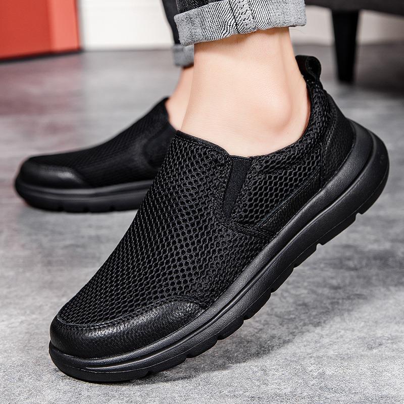 Men's Shoes Summer Mesh One-pedal Casual Shoes Non-slip Breathable Soft-soled Black Shoes Lightweight Walking Men