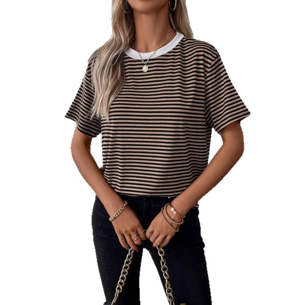 

Женская весенне-летняя повседневная футболка в полоску с круглым вырезом и короткими рукавами XL кофейный