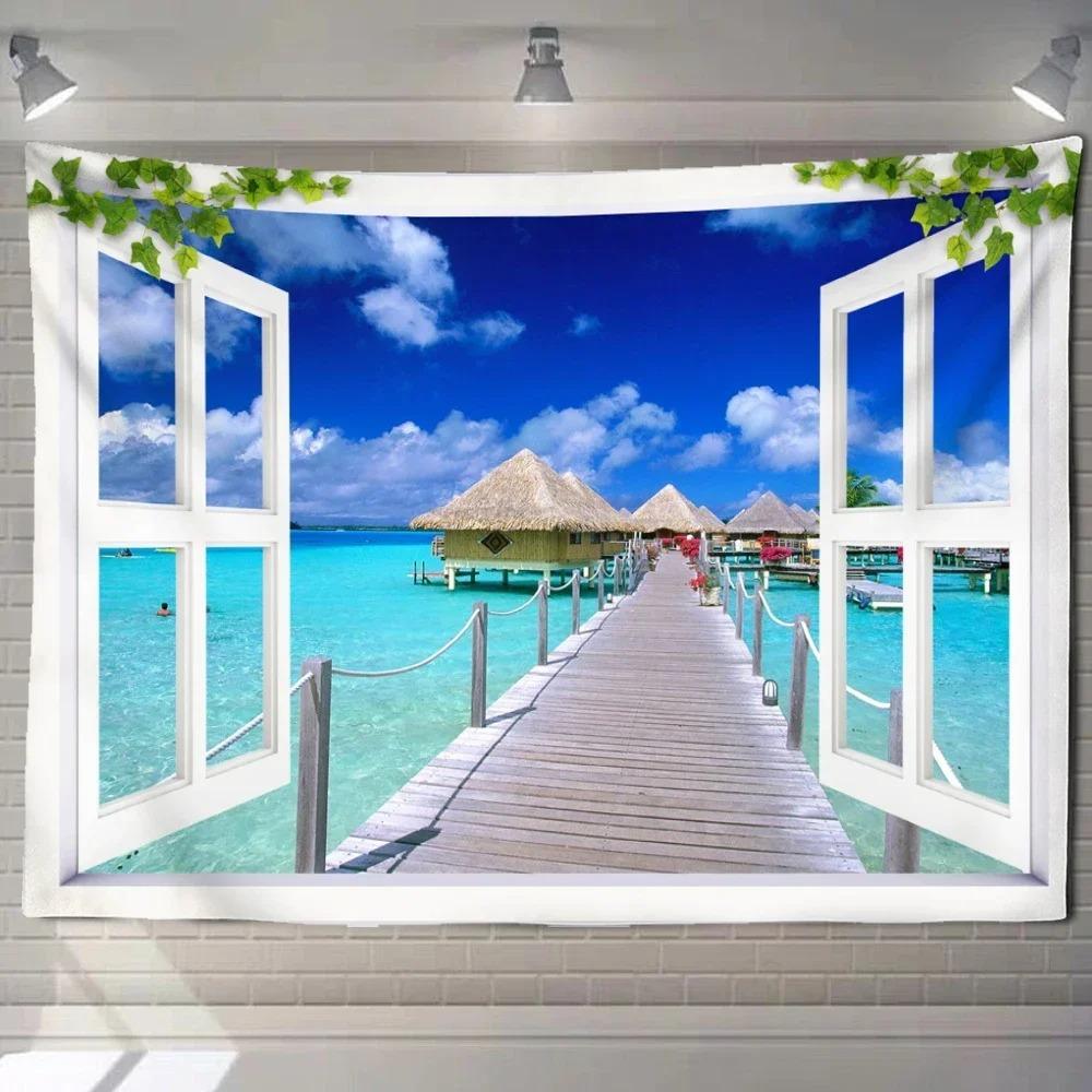 Home decoration natural ecological beach scenery imitation window paper art tapestry background wall room beautiful living room