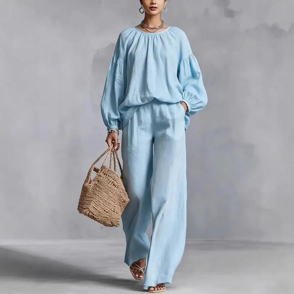 New women's solid color long-sleeved suit casual cotton and linen lantern sleeves top and trousers two-piece set