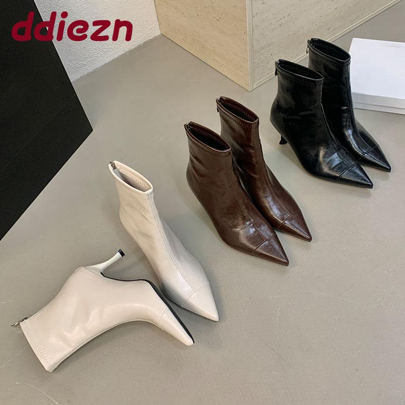 Mode Mode Elastische Damen Knöchel Stretch Stiefel mit Absätzen Schuhe Damen Spitzschuh Damen Moderne Kurze Stiefel Reißverschlüsse Schuhe