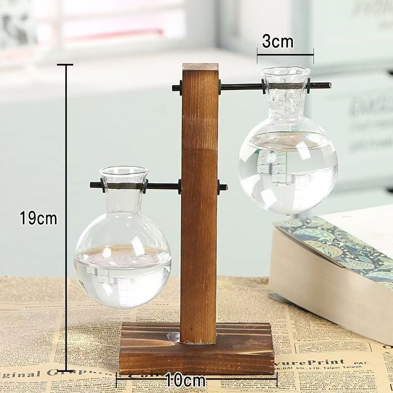 Creative Glass Desktop Planter Bulb Vase Wooden Stand Hydroponic Plant Container Home Tabletop Decor Vases