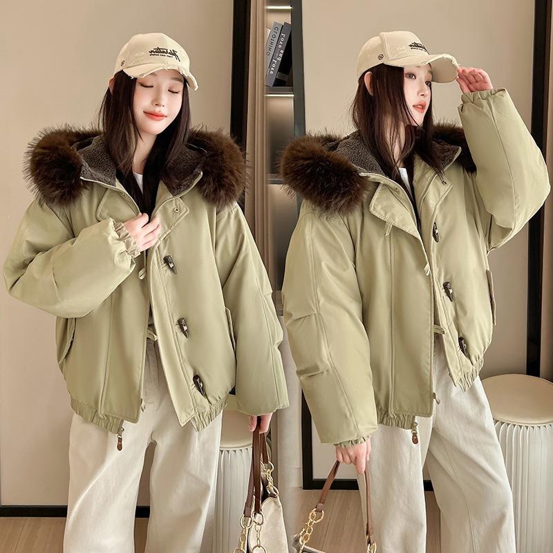Trendy fur collar cotton-padded clothes, winter cotton-padded clothes for women, overcome lamb wool, new cotton-padded jackets, thickened horn buckles