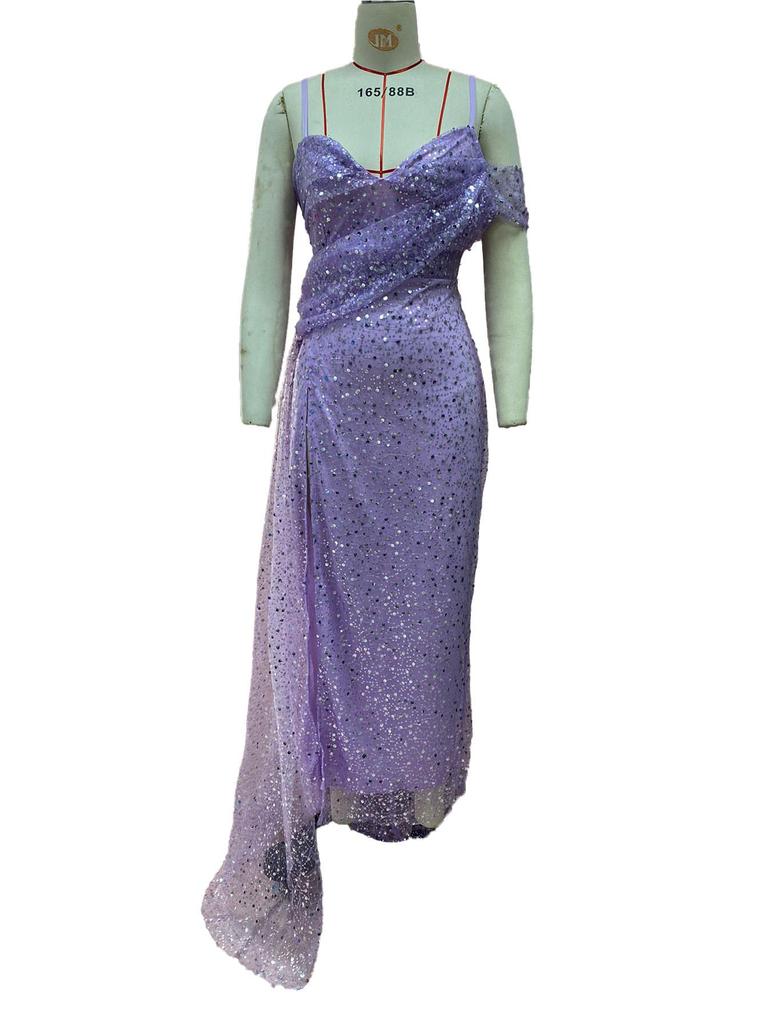 Robe de soirée à paillettes pour femme 2025: Jupe longue fendue irrégulière transfrontalière européenne et américaine avec bretelles